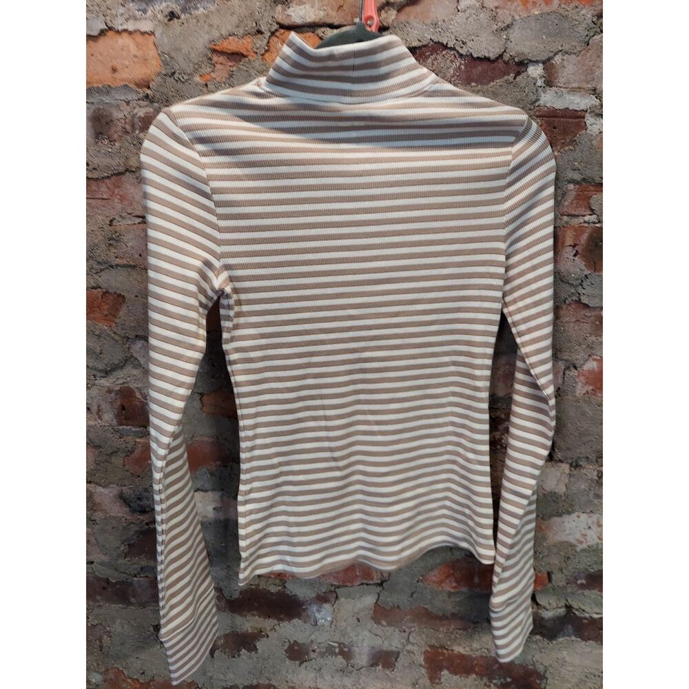 SO Womens Mock Neck Top S Tan White Gold Stripe Ribbed Long Sleeve